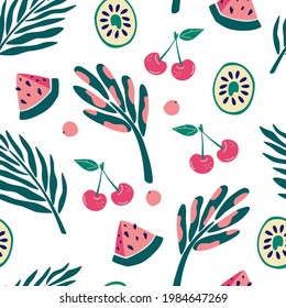 Exotic jungle fruits and plants seamless pattern. Kiwi, watermelon slices, cherries and berries. Contemporary floral seamless pattern. Textile fabric swimwear graphic design for print. Vector