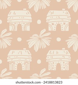 Exotic jungle minimalistic cabin pattern with palm trees, beige and off white cute pattern