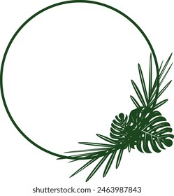 Exotic Jungle Monstera Leaf Round Frame Nature Illustration. Tropical Botanical Greeting Card Design. Palm Leaves Border. Circle Foliage Botanical Wreath 