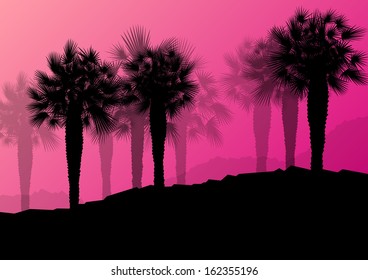 Exotic jungle palm tree forest plants silhouette landscape illustration background vector