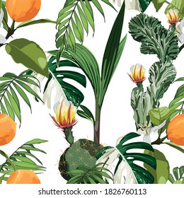Exotic jungle pattern vintage background illustration seamless pattern. Trendy composition beach wallpaper with exotic palm leaves, orange fruit and cacti in bloom.