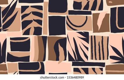 Exotic jungle plants collage illustration pattern. Creative contemporary abstract seamless pattern. Fashionable template for design.