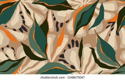 Padrão de ilustração de plantas exóticas da selva. Colagem criativa padrão sem emenda contemporânea. Modelo elegante para design.