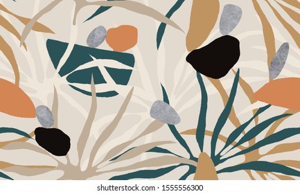 Exotic jungle plants illustration pattern. Creative collage contemporary floral seamless pattern. Fashionable template for design.