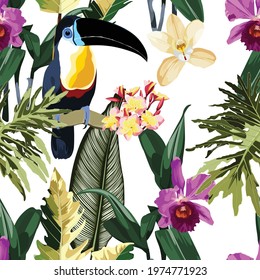 Exotic jungle plants illustration pattern with toucan bird, tropical leaves and orchid flowers. Creative  floral seamless pattern. Fashionable template for design. White background.