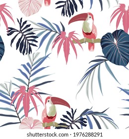 Exotic jungle plants illustration pattern with toucan bird. Creative  floral seamless pattern with pink blue tropical plants. Fashionable template for design. White background.