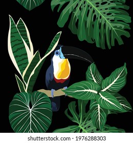 Exotic jungle plants illustration pattern with toucan bird. Creative  floral seamless pattern. Fashionable template for design. Black background.