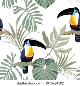 Exotic jungle plants illustration pattern with toucan bird. Creative  floral seamless pattern. Fashionable template for design. White background.