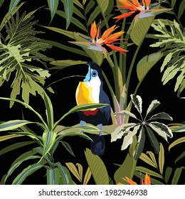 Exotic jungle plants illustration pattern with toucan bird. Creative  floral seamless pattern. Fashionable template for design. Black background.