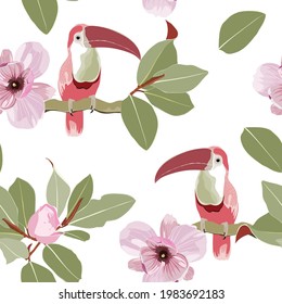Patrón de ilustraciones de plantas exóticas de selva con pájaro tocano rosa abstracto. Flores de magnolia sin costuras florales. Plantilla de diseño de moda. Fondo blanco.