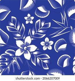 Exotic jungle plants illustration pattern with blue abstract monochromatic frangipani flower, strelitzia and monstera leaves. Fashionable template for design. summer design vector themated