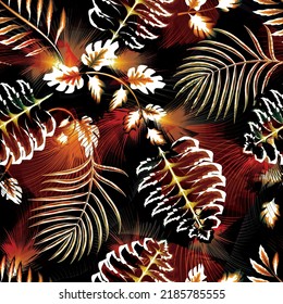 Exotic jungle plants illustration seamless pattern with light abstract tropical leaves on night background. Fashionable template design. floral. Floral background. Summer design. nature wallpaper