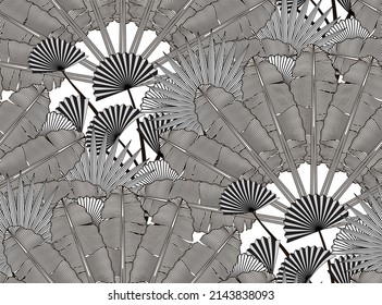 Exotic jungle plants, leaves vintage botanical illustration. Black  and white tropical palm tree leaf pattern. Vector seamless tropics wallpaperdesign for bathroom, bedroom, home decoration ideas.