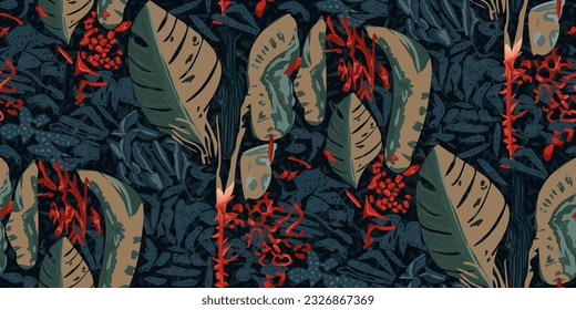 Exotic jungle plants seamless pattern prints, abstract flowers, vector graphics. Perfect for fashion, textiles, and artistic projects collection of modern creative illustrations designs