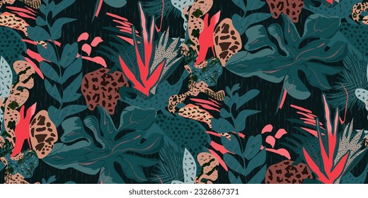 Plantas exóticas de selva sin fisuras, flores abstractas, gráficos vectoriales. Perfecto para la moda, los textiles y la colección de proyectos artísticos de diseños de ilustraciones creativas modernas.
