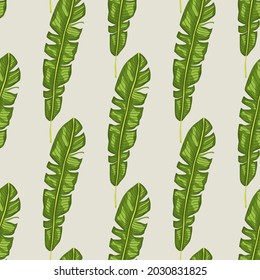 Selva exótica sin soldadura con formas de hoja trópica verde brillante. Fondo claro. Impresión vectorial plana para textiles, tela, giftwrap, papel pintado. Ilustración sin fin.