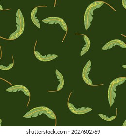 Exotic jungle seamless pattern with random green banana leaf ornament. Tropical foliage backdrop. Vector illustration for seasonal textile prints, fabric, banners, backdrops and wallpapers.