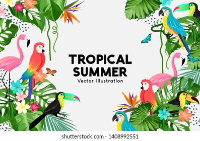 An exotic jungle summer background frame design with birds and palm leaves. Vector illustration.