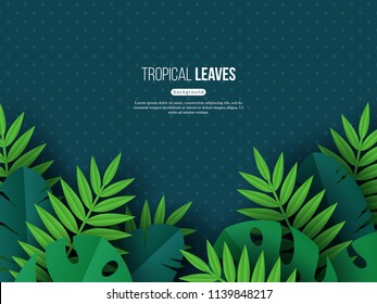 Exotic jungle tropical palm leaves. Summer floral design with dotted dark turquoise color background. Vector illustration.