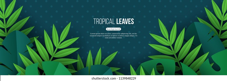 Exotic jungle tropical palm leaves. Summer floral design with dotted dark turquoise color background. Vector illustration. svg