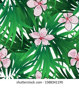 Exotic jungle wallpaper. Seamless vector floral pattern. Spring decoration. Pattern design. Beautiful seamless floral jungle pattern. Exotic green background. Summer tropical leaf
