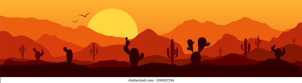 Exotic  landscape. African desert. Sands and mountains. Tourism and travelling. Vector flat design