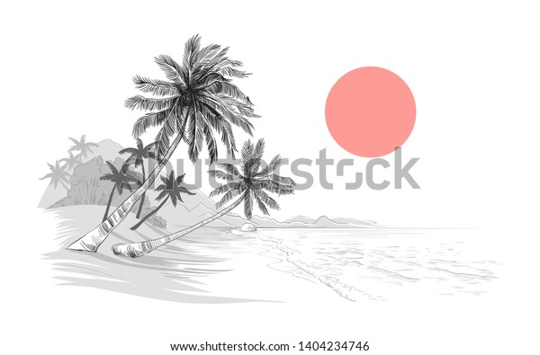 海のそばのヤシの木のあるエキゾチックな風景 ビーチのベクターイラスト 白黒のビンテージ画像 のベクター画像素材 ロイヤリティフリー