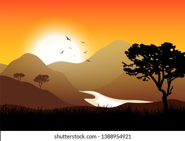 Exotic  landscape. Savannah of south America. Desert and mountains of Africa. Tourism and travelling. Vector flat design