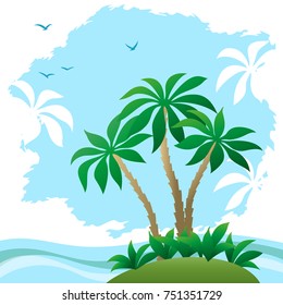 Exotic Landscape, Sea with Waves, Tropical Island, Beach with Palm Trees, Green Grass and Clouds Palms Silhouettes and Birds on Blue Sky. Vector