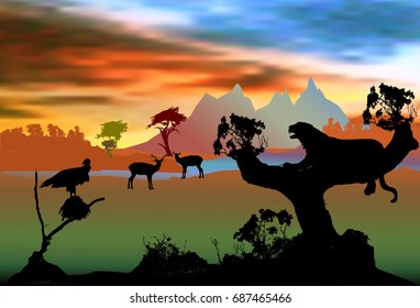 Exotic landscape with tiger, antelopes and vulture on a tree. Dark african landscape with wildlife animals, mountain and trees at sunset