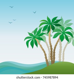 Exotic Landscape, Tropical Island with Green Palm Trees, Blue Sea with Waves and Birds in the Sky. Vector