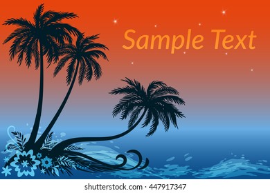 Exotic Landscape, Tropical Palms Trees, Flowers and Grass Silhouettes Against the Night Sea and Star Sky. Eps10, Contains Transparencies. Vector