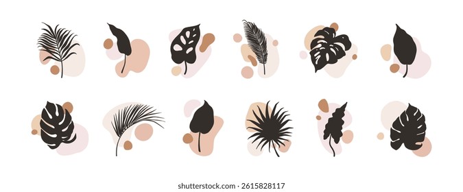 Exotic leaf and abstract shape patterns, floral set. Tropical leaves and geometric elements in modern minimal style, organic nature silhouettes. Flat vector illustration isolated on white background