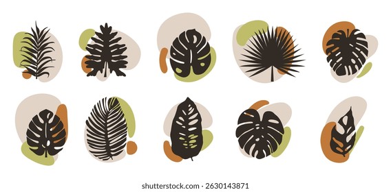 Exotic leaf and abstract shape patterns, floral set. Tropical leaves and geometric elements in modern minimal style, organic nature silhouettes. Flat vector illustration isolated on white background