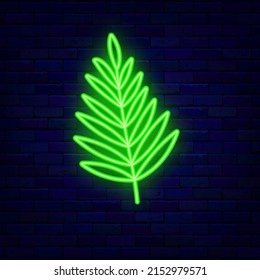 Exotic leaf neon icon. Palm fan. Nature sign. Season vacation. Night bright signboard. Outer glowing effect banner. Editable stroke. Vector stock illustration