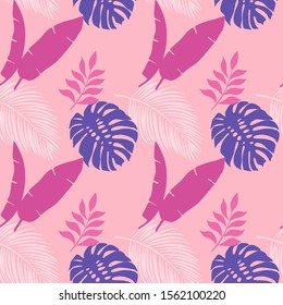 Exotic leaf on a pink background. Print summer seamless vector pattern wallpaper in trend colors. 