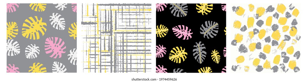 Exotic leaves and abstract ornament. Seamless  tropical patterns. Vector set of backgrounds with monstera leaves and chaotic stripes, strokes in yellow,grey,pink colors