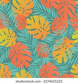 Fondo de hojas exóticas. Patrón tropical sin foco. Plantas de monastera coloridas, siluetas de hojas de palma se repiten. Ilustración vectorial de diseño estival, impresiones florales, papel tapizado, textil, tela