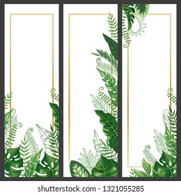 Exotic leaves banner. Tropical monstera leaf, palm branch and vintage hawaii nature plants vertical banners. Jungle leaf border, exotic green tropic spa postcard vector background set