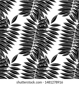 Exotic Leaves. Black and White Pattern Seamless