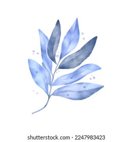Exotic leaves with blue gradient isolated on white. Watercolour branch. 