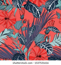 Exotic leaves, blue liana branches, hibiscus flower branch and many kinds of plants seamless pattern. Red background.