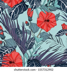 Exotic leaves, blue liana branches, hibiscus flower branch and many kinds of plants seamless pattern. Light blue background.