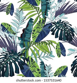 Exotic leaves and branches, many kinds of plants seamless pattern. White background.