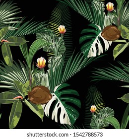 Exotic leaves and branches, many kinds of plants, cacti and coconut seamless pattern. White background.
