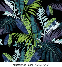 Exotic leaves and branches, many kinds of dark blue and bright green plants seamless pattern. Tropical night. 