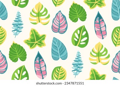 Exotic leaves cartoon seamless pattern. Tropical different jungle plants boundless background. Monstera palm leaves summer endless repeat design for paper print, fabric textile, wrapper backdrop