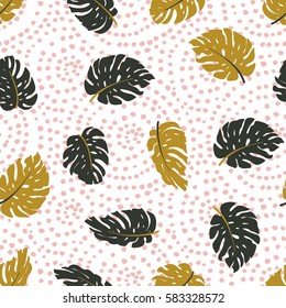 Exotic leaves and dots ornament. Seamless hand drawn tropical  pattern. Vector background with monstera leaves and  grunge dots.