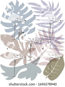 Exotic leaves and flamingo background. Vector delicate illustration for wedding, safe the date, birthday design. 

