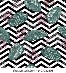 Exotic leaves and Floral seamless pattern,botacal  plant on modern balck and white zigzag 
